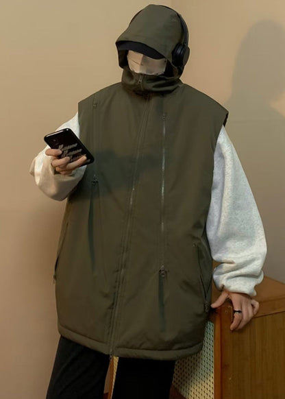 Army Green Zip Up Fine Cotton Filled Hooded Vests Winter