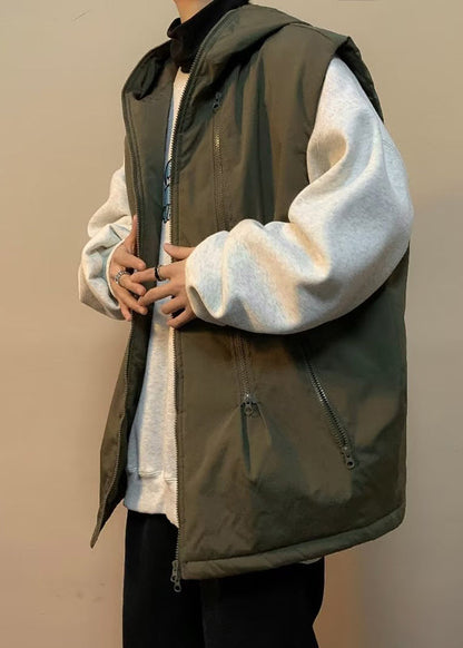 Army Green Zip Up Fine Cotton Filled Hooded Vests Winter