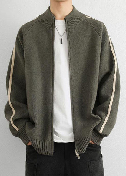 Army Green Zip Up Striped Thick Knit Sweater