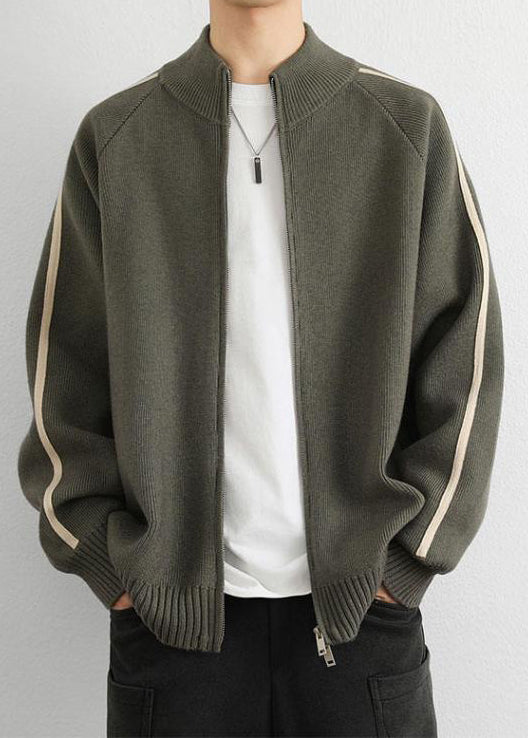Army Green Zip Up Striped Thick Knit Sweater