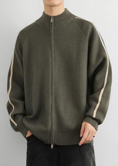 Army Green Zip Up Striped Thick Knit Sweater