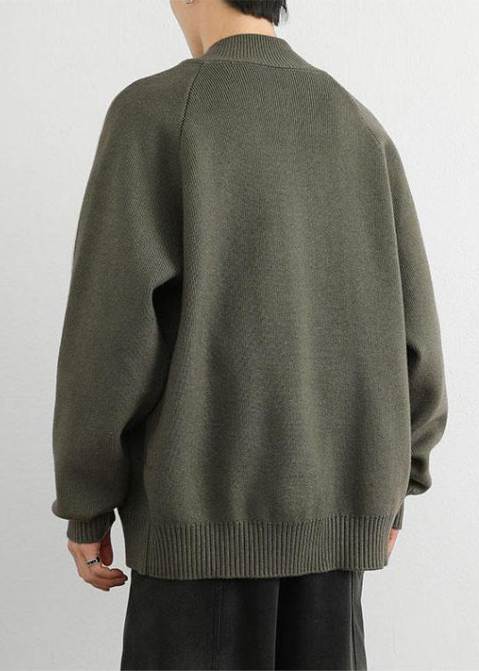 Army Green Zip Up Striped Thick Knit Sweater
