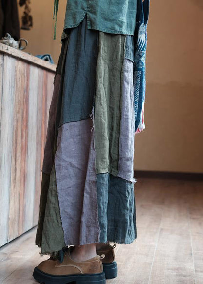 Asymmetrical Patchwork Elastic Waist Linen a Line Skirt Summer