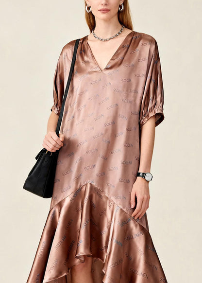 Asymmetrical Print Patchwork Maxi Dress Short Sleeve