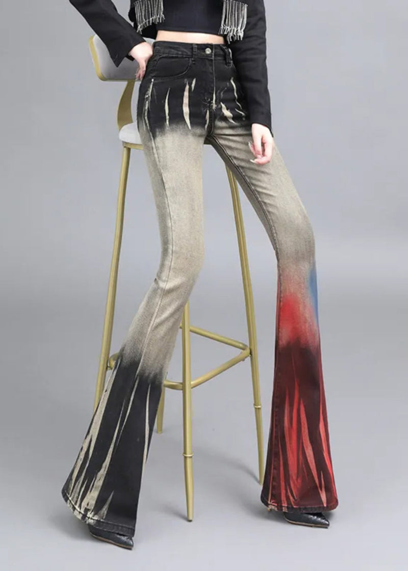 Asymmetrical Tie Dye Denim Bell-bottom Trousers Spring