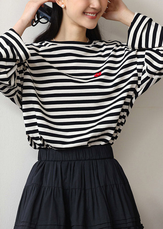 Beige Black Striped O-neck Cozy Cotton T Shirts Spring