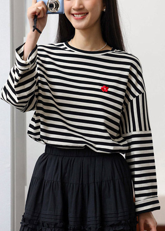 Beige Black Striped O-neck Cozy Cotton T Shirts Spring