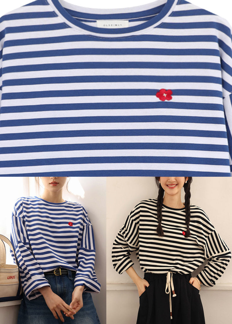 Beige Black Striped O-neck Cozy Cotton T Shirts Spring