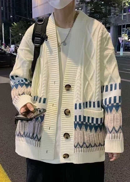 Beige Button Pockets Knitted Cotton Coats Winter