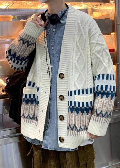 Beige Button Pockets Knitted Cotton Coats Winter
