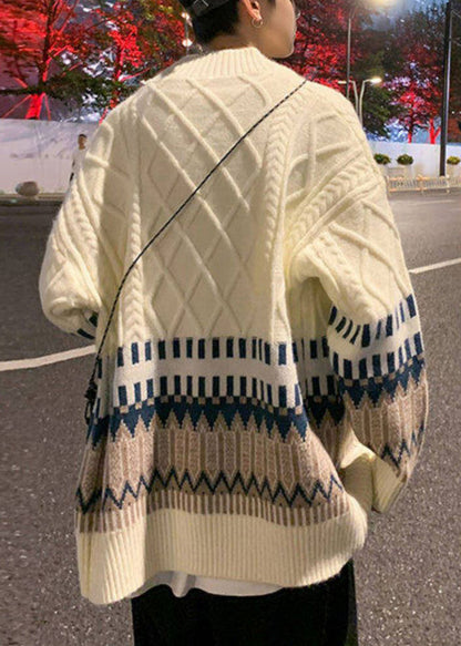 Beige Button Pockets Knitted Cotton Coats Winter