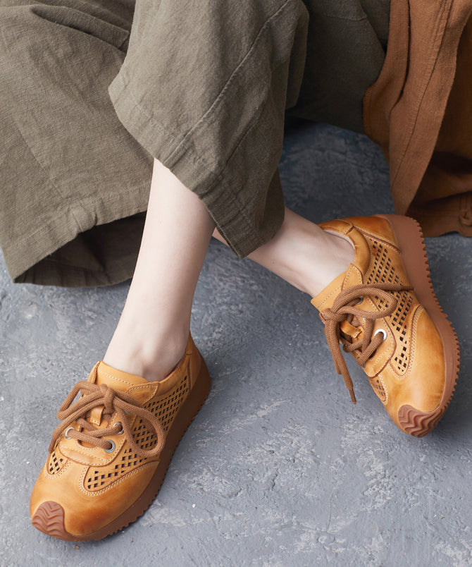 Beige Cowhide Leather Flats Hollow Out Lace Up Flat Feet Shoes