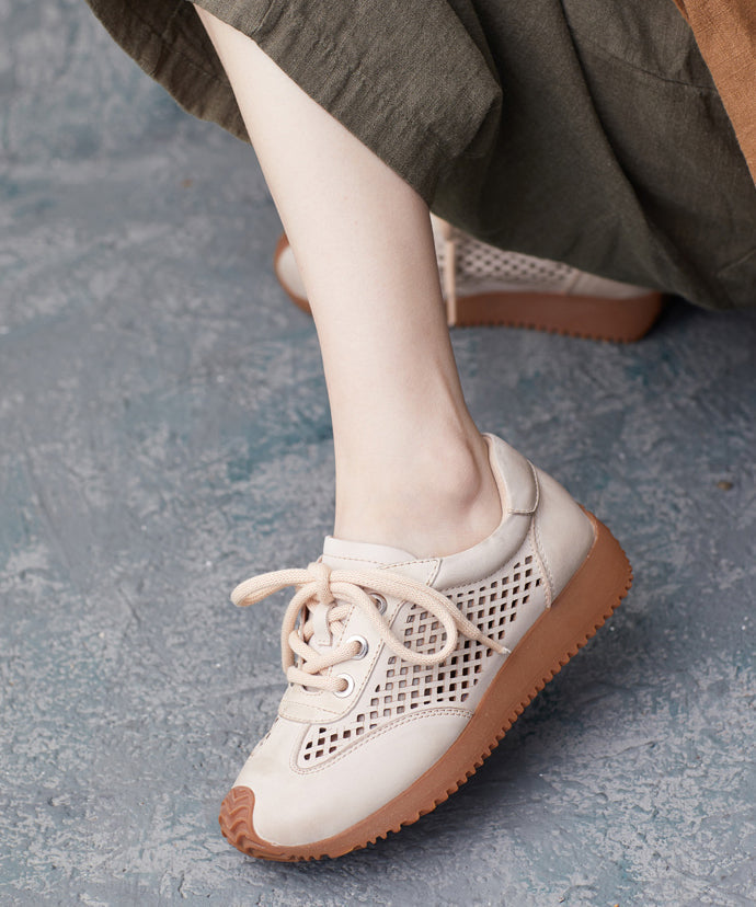 Beige Cowhide Leather Flats Hollow Out Lace Up Flat Feet Shoes