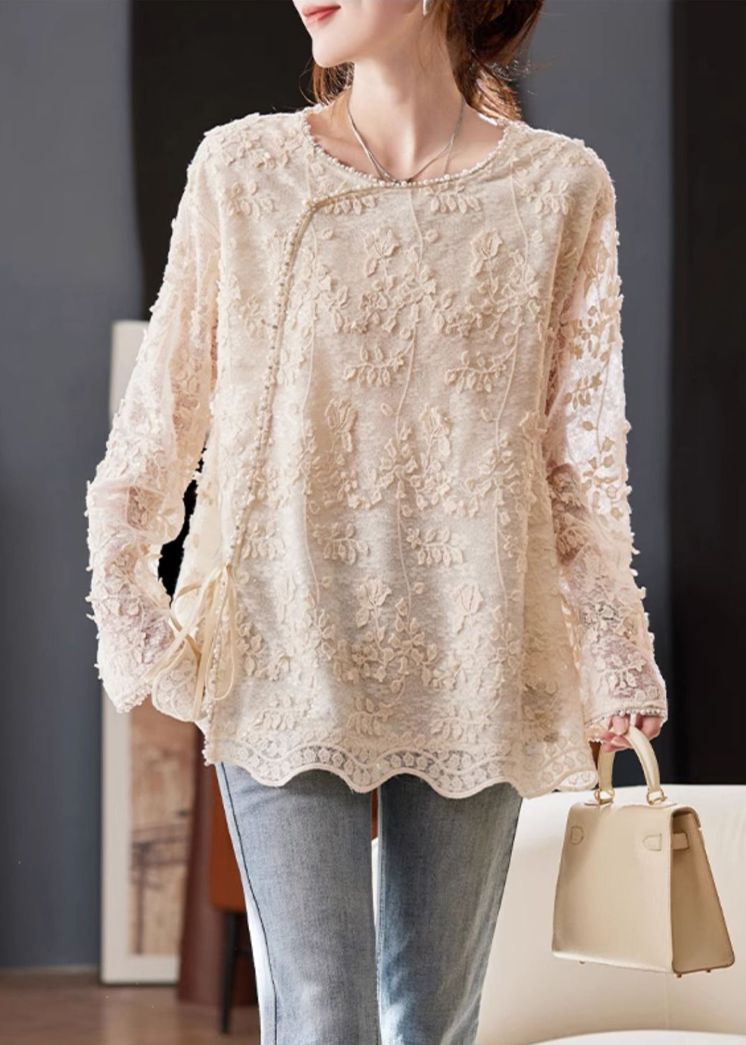 Casual Beige Embroidered Nail Bead Lace Up Chiffon Shirt Spring