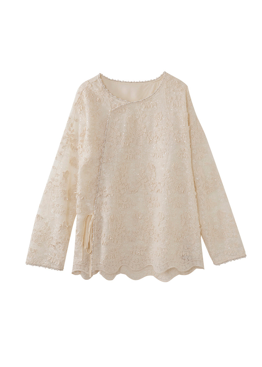 Casual Beige Embroidered Nail Bead Lace Up Chiffon Shirt Spring