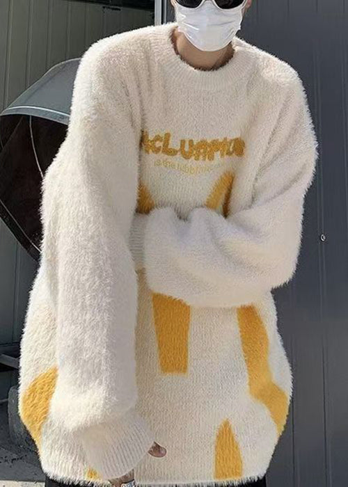 Beige Letter Knit Sweater Pullover O Neck Winter