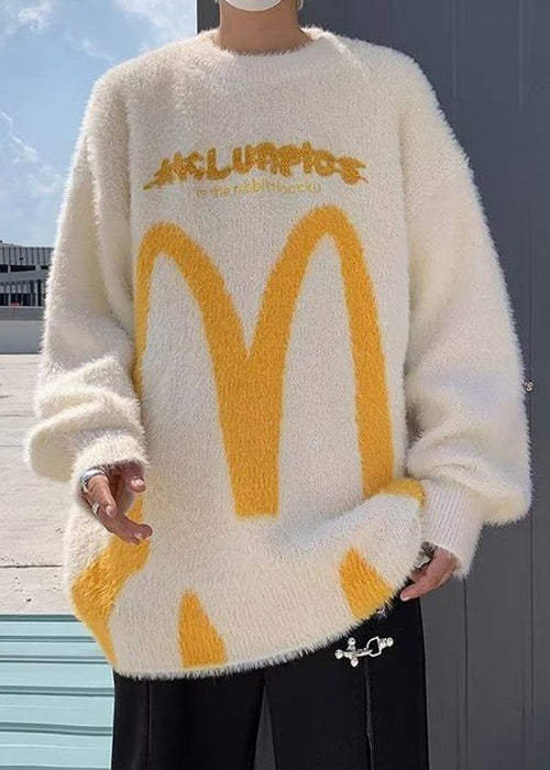Beige Letter Knit Sweater Pullover O Neck Winter
