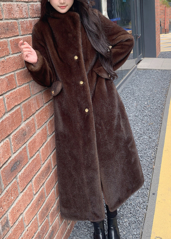 Beige Notched Button Thick Leather and Fur Long Coats Spring