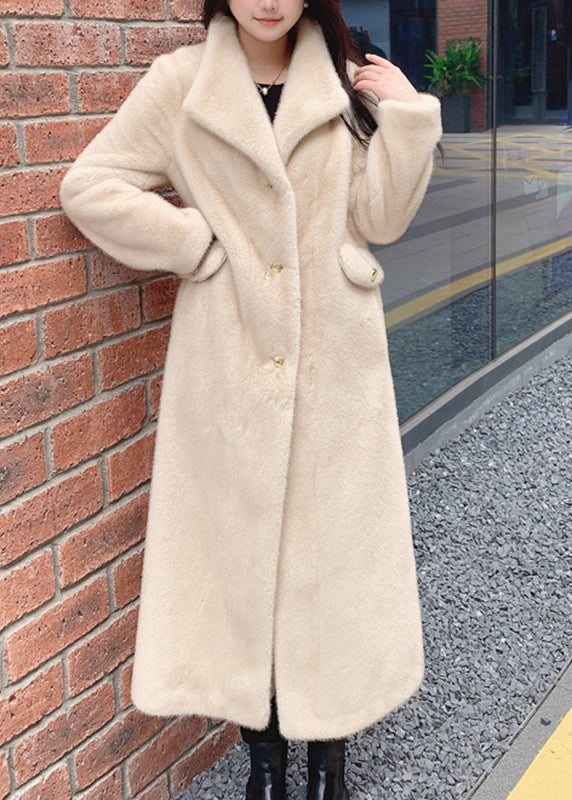 Beige Notched Button Thick Leather and Fur Long Coats Spring