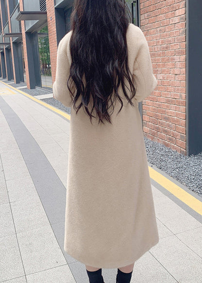 Beige Notched Button Thick Leather and Fur Long Coats Spring