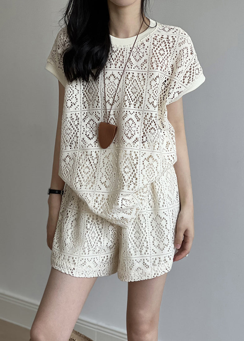 Beige O-neck Hollow Out Top and Shorts Two Pieces Set Summer