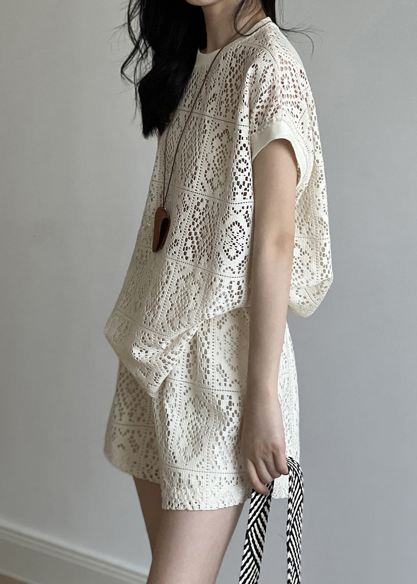 Beige O-neck Hollow Out Top and Shorts Two Pieces Set Summer