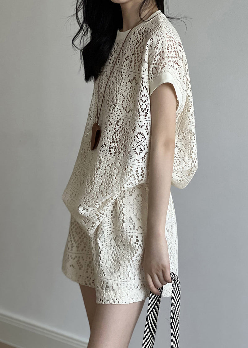 Beige O-neck Hollow Out Top and Shorts Two Pieces Set Summer