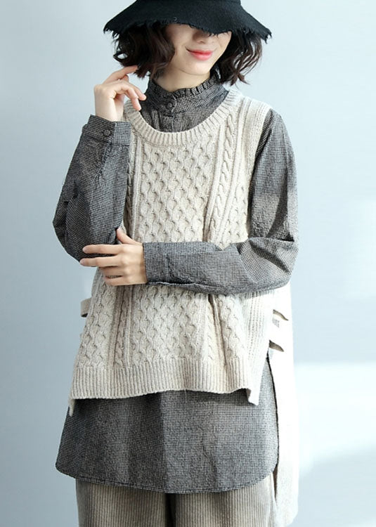 Beige O-neck Low High Design Warm Knit Vest Winter