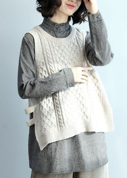 Beige O-neck Low High Design Warm Knit Vest Winter