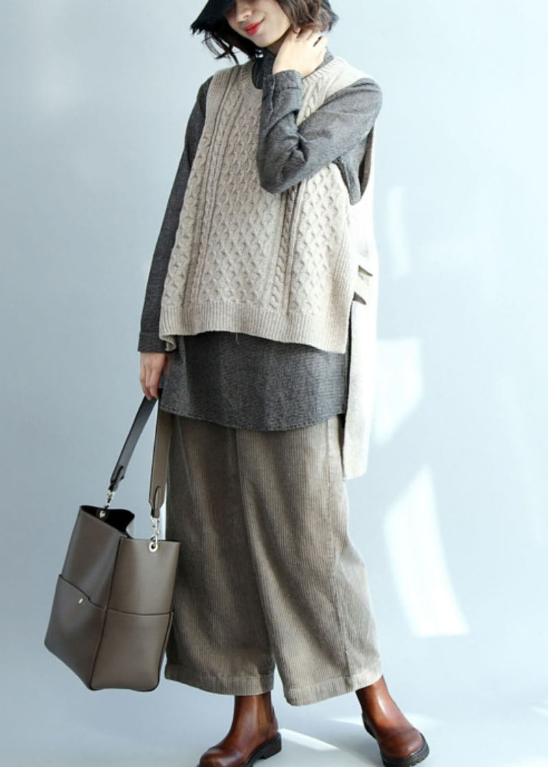 Beige O-neck Low High Design Warm Knit Vest Winter