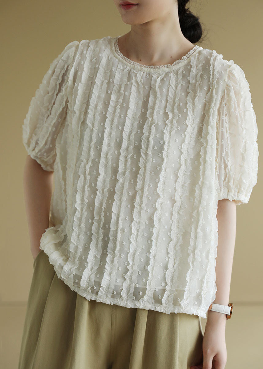 Beige O-neck Ruffled Jacquard Silk Shirts Short Sleeve