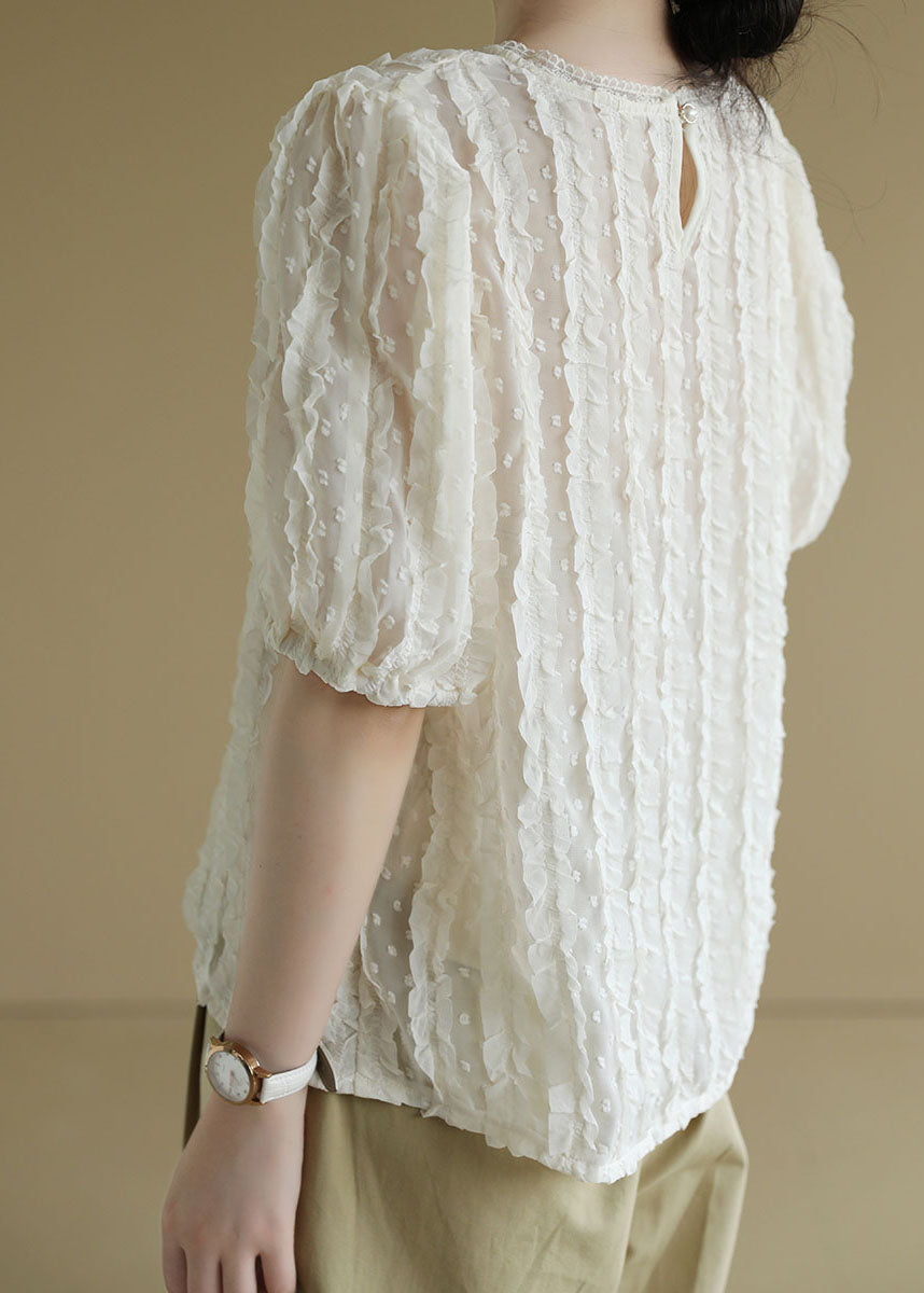 Beige O-neck Ruffled Jacquard Silk Shirts Short Sleeve