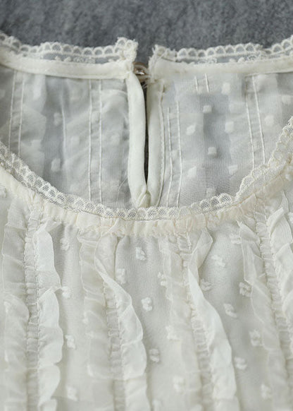 Beige O-neck Ruffled Jacquard Silk Shirts Short Sleeve