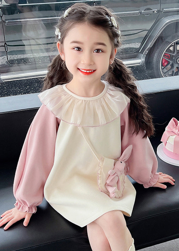 Beige O-neck Tulle Patchwork Kids Mid Dress Fall