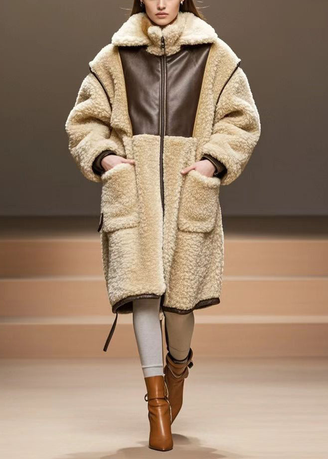 Beige Oversized Patchwork Warm Fleece Coats Winter