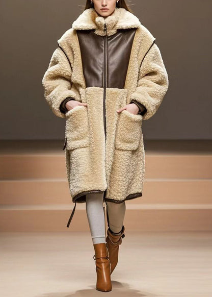 Beige Oversized Patchwork Warm Fleece Coats Winter