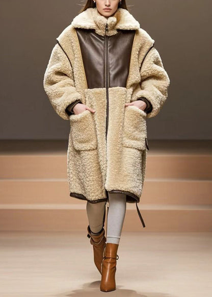 Beige Oversized Patchwork Warm Fleece Coats Winter