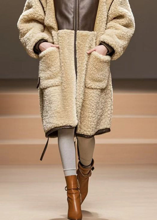 Beige Oversized Patchwork Warm Fleece Coats Winter
