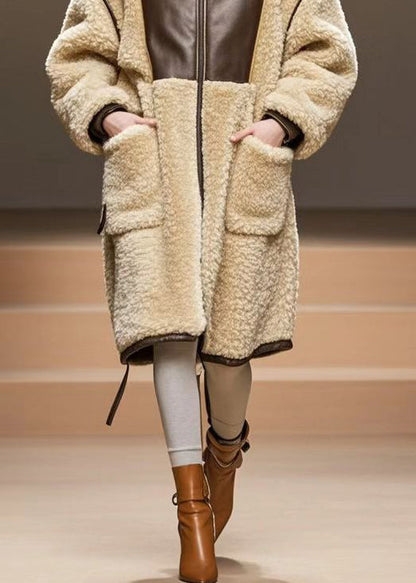 Beige Oversized Patchwork Warm Fleece Coats Winter