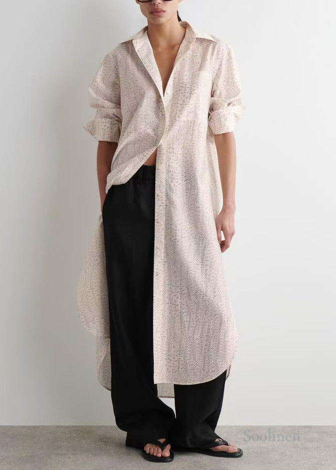 Beige Oversized Print Side Open Long Shirt Dresses Spring