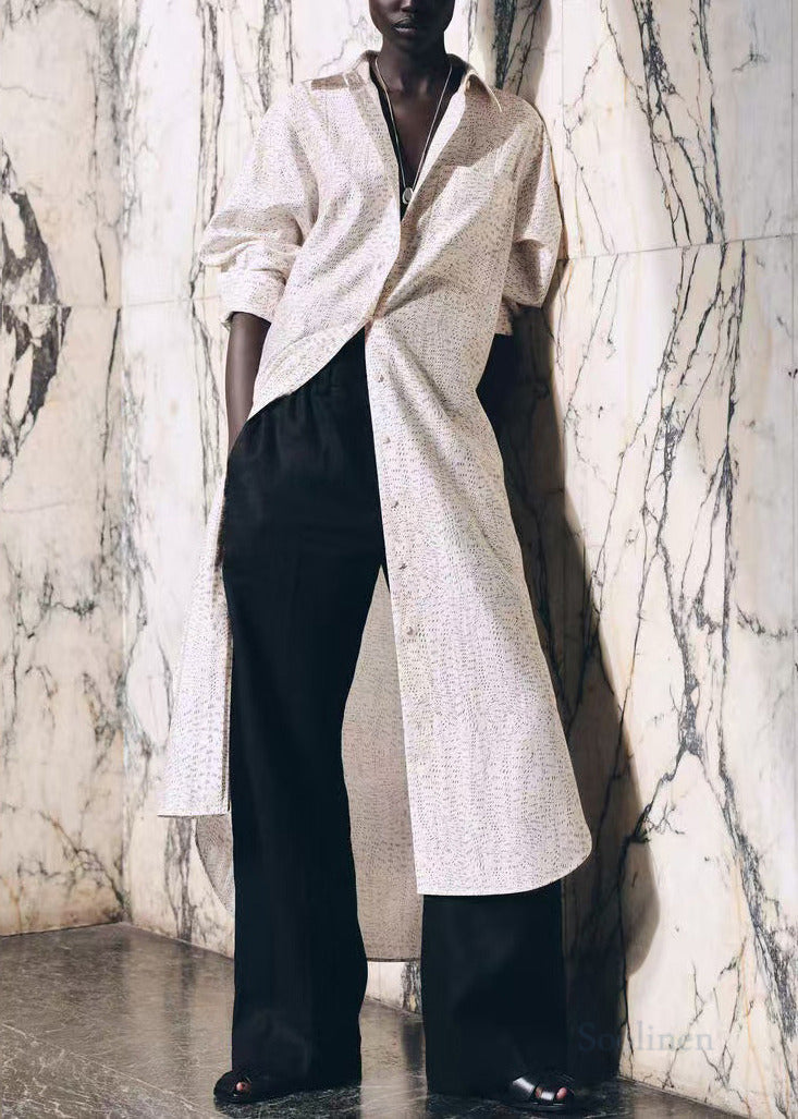 Beige Oversized Print Side Open Long Shirt Dresses Spring