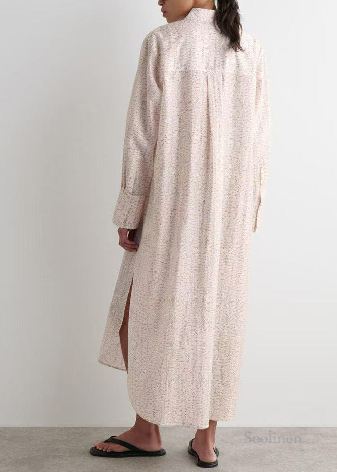 Beige Oversized Print Side Open Long Shirt Dresses Spring