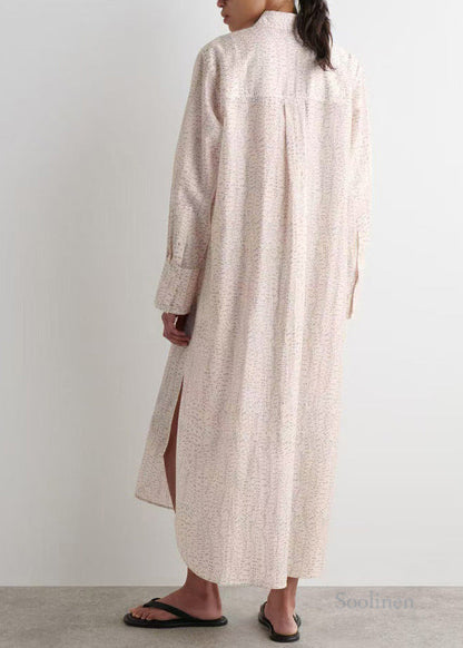 Beige Oversized Print Side Open Long Shirt Dresses Spring