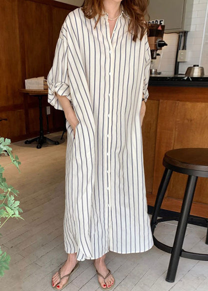 Beige Peter Pan Collar Button Maxi Shirts Dresses Spring