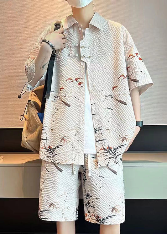 Beige Peter Pan Collar Button Shirt and Shorts Two Pieces Set Summer