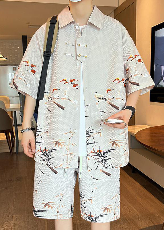 Beige Peter Pan Collar Button Shirt and Shorts Two Pieces Set Summer