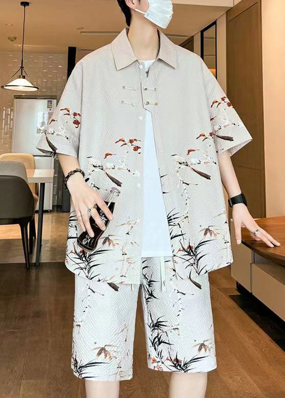 Beige Peter Pan Collar Button Shirt and Shorts Two Pieces Set Summer