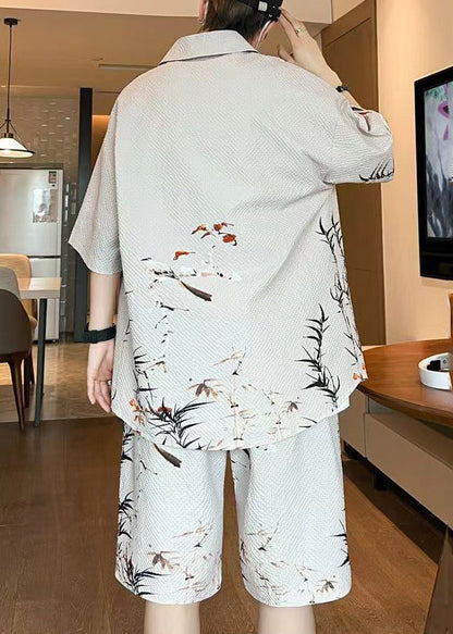 Beige Peter Pan Collar Button Shirt and Shorts Two Pieces Set Summer