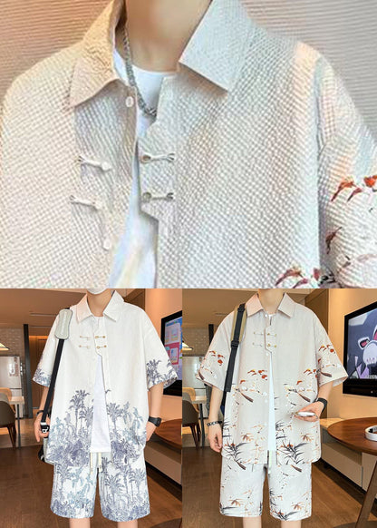 Beige Peter Pan Collar Button Shirt and Shorts Two Pieces Set Summer