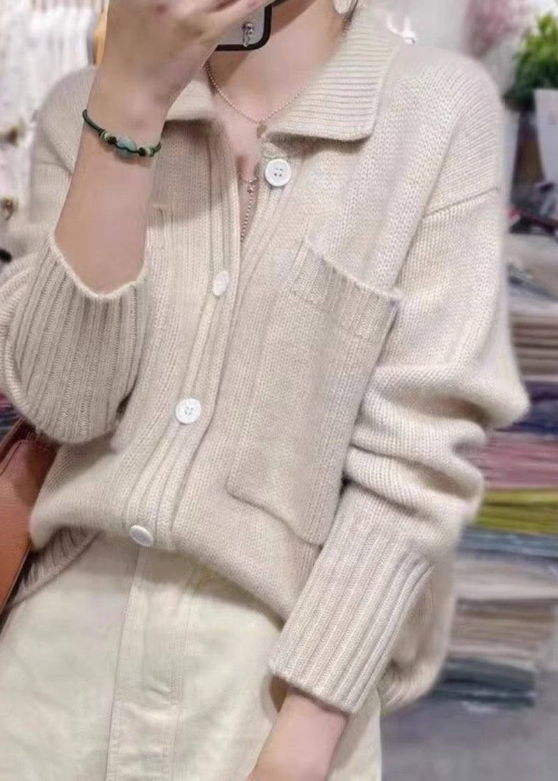 Beige Peter Pan Collar Button Thick Cashmere Knit Sweater Fall